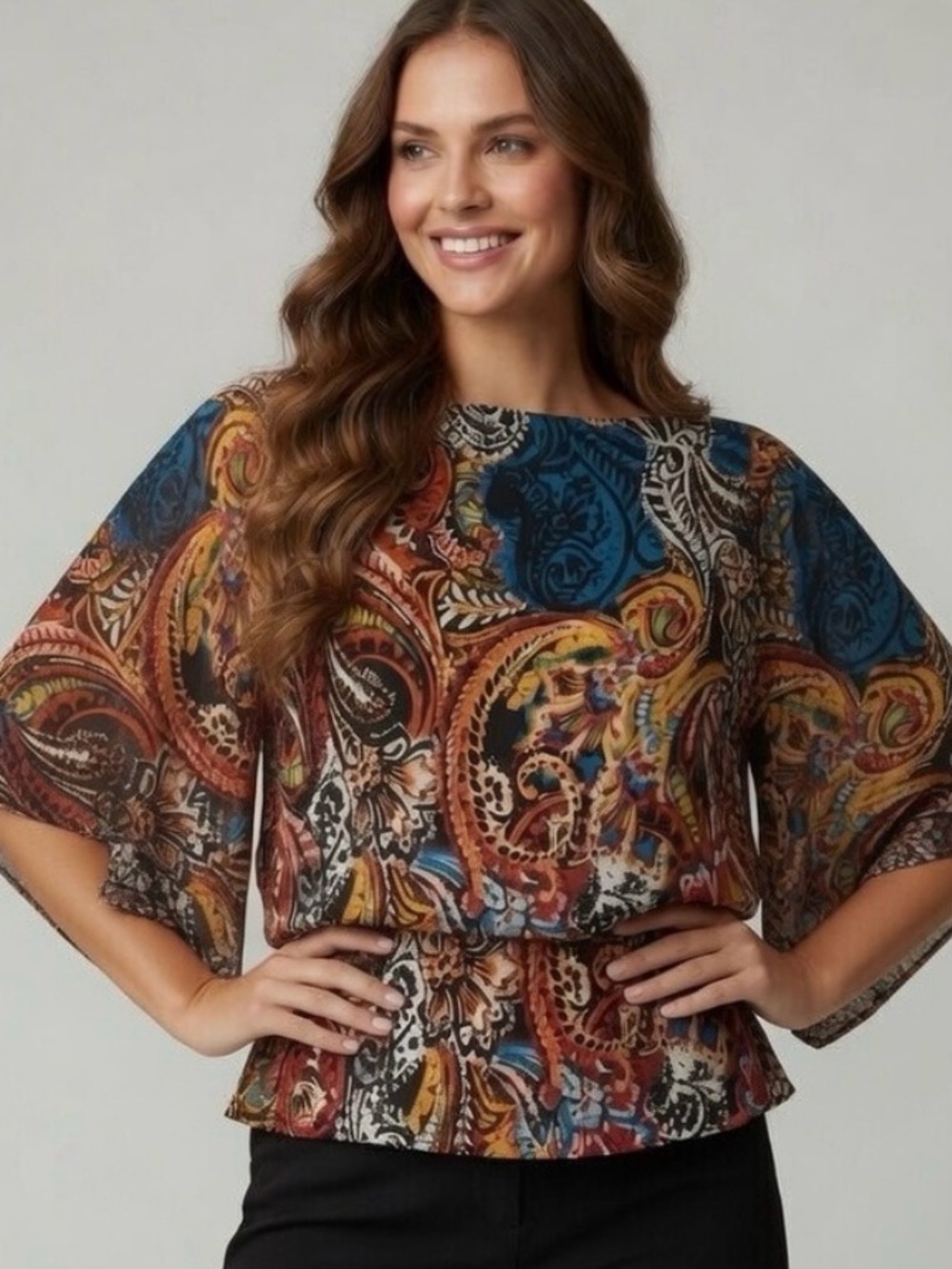 Coco Bianco Boho Paisley Butterfly Sleeve Top Sz Large